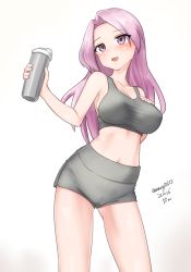 Rule 34 | 1girl, absurdres, alternate costume, bra, breasts, dated, gradient background, grey bra, grey shorts, highres, holding, kantai collection, large breasts, long hair, luigi di savoia duca degli abruzzi (kancolle), maru (marg0613), midriff, one-hour drawing challenge, pink eyes, pink hair, shorts, solo, sports bra, tumbler, twitter username, underwear, white background
