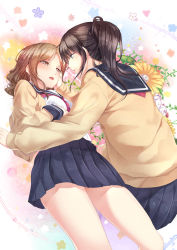 Rule 34 | 2girls, black hair, blue eyes, brown eyes, brown hair, cardigan, chobipero, couple, flower, hand on another&#039;s cheek, hand on another&#039;s face, highres, long hair, looking up, lying, multiple girls, open cardigan, open clothes, open mouth, original, school uniform, serafuku, short hair, skirt, smile, sweater, yuri