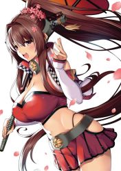 Rule 34 | 1girl, blush, breasts, brown hair, cherry blossoms, cleavage, collar, crop top, detached sleeves, flower, hair flower, hair ornament, headgear, hip vent, horosuke, kantai collection, large breasts, long hair, long sleeves, looking at viewer, metal collar, midriff, miniskirt, navel, open mouth, pink eyes, ponytail, race queen, red skirt, red umbrella, skirt, smile, solo, tassel, umbrella, very long hair, yamato (kancolle)