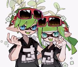 Rule 34 | 1boy, 1girl, black shirt, blue eyes, commentary, commission, eyewear on head, flower, flower on head, green hair, inkling, inkling boy, inkling girl, inkling player character, long hair, looking at viewer, nintendo, open mouth, pointy ears, print shirt, red-framed eyewear, shino hd, shirt, short hair, simple background, smile, splatoon (series), sunglasses, teeth, tentacle hair, upper teeth only, white background