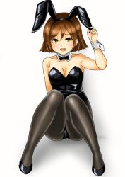 Rule 34 | 1girl, alternate costume, animal ears, black bow, black bowtie, black leotard, black pantyhose, bow, bowtie, breasts, brown eyes, commentary request, detached collar, fake animal ears, kantai collection, kudou (ooabareteng), leotard, pantyhose, playboy bunny, rabbit ears, short hair, simple background, sitting, small breasts, smile, solo, strapless, strapless leotard, tanikaze (kancolle), white background, wrist cuffs