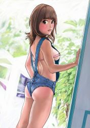 Rule 34 | 1girl, arched back, ass, back, blush, brown eyes, brown hair, hello! project, lips, looking at viewer, overalls, photo-referenced, solo, takahashi ai
