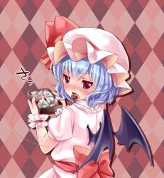 Rule 34 | 1girl, bad id, bad pixiv id, bat wings, blue hair, blush, candy, chocolate, chocolate heart, female focus, food, food in mouth, heart, irori, md5 mismatch, red eyes, remilia scarlet, resolution mismatch, short hair, solo, source smaller, tears, tongue, touhou, valentine, wings, wrist cuffs