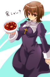 Rule 34 | 1girl, breasts, brown eyes, brown hair, cross, cross necklace, covered erect nipples, eyebrows, fate/stay night, fate (series), food, forked eyebrows, genderswap, genderswap (mtf), habit, impossible clothes, jewelry, kotomine kirei, large breasts, mapo tofu, mijinko (83nabe), necklace, solo, spoon