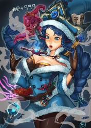 Rule 34 | 1girl, animal ears, bad id, bad pixiv id, blue eyes, blue hair, book, braid, breasts, capelet, cleavage, female focus, gloves, hat, large breasts, league of legends, lulu (league of legends), matching hair/eyes, multiple braids, pantyhose, personification, side braid, solo, supullim, yordle