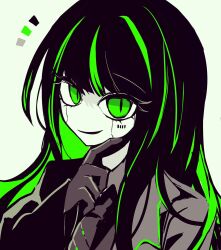 Rule 34 | 1girl, alfonso (project moon), barcode, barcode tattoo, black gloves, black hair, black jacket, black necktie, gloves, green eyes, green hair, hatosabure, highres, jacket, limbus company, long hair, long sleeves, looking at viewer, multicolored hair, necktie, notice lines, parted lips, portrait, project moon, simple background, solo, streaked hair, tattoo, very long hair, white background