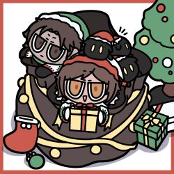 Rule 34 | 1boy, 1girl, black gloves, bow, bowtie, brown eyes, brown hair, chibi, christmas, christmas tree, e.g.o (project moon), gloves, gnome (project moon), heathcliff (project moon), highres, limbus company, nininininil, open mouth, orange eyes, outis (project moon), project moon, red bow, red bowtie, sack, smile
