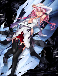 Rule 34 | 10s, 1girl, bad id, bad pixiv id, bare shoulders, black thighhighs, breasts, cleavage, detached sleeves, guilty crown, hair ornament, hairclip, long hair, looking at viewer, open mouth, pink hair, red eyes, small breasts, solo, tanikku, thighhighs, twintails, yuzuriha inori