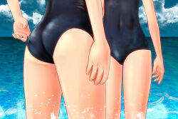 Rule 34 | 2girls, ano hito, ass, black one-piece swimsuit, cloud, commentary request, covered navel, flat ass, horizon, lower body, multiple girls, ocean, one-piece swimsuit, original, swimsuit, swimsuit tug, wading