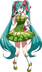 Rule 34 | 1girl, bow, caffein, full body, gloves, green eyes, green hair, hair bow, hair ribbon, hatsune miku, highres, kneehighs, long hair, matching hair/eyes, music, necktie, open mouth, outstretched arm, ribbon, shoes, singing, skirt, socks, solo, twintails, very long hair, vocaloid, white background