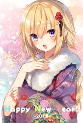 Rule 34 | 1girl, 2018, black ribbon, blonde hair, braid, fate/apocrypha, fate (series), fingernails, flower, fur-trimmed kimono, fur collar, fur trim, hair flower, hair ornament, hair ribbon, hand up, happy new year, highres, japanese clothes, jeanne d&#039;arc (fate), jeanne d&#039;arc (ruler) (fate), kimono, long hair, long sleeves, looking at viewer, new year, open mouth, purple eyes, purple kimono, ribbon, signature, single braid, sleeves past wrists, solo, toosaka asagi, upper body, wide sleeves