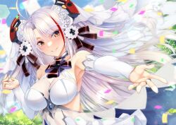 Rule 34 | 1girl, antenna hair, azur lane, blue gemstone, breasts, bridal gauntlets, bridal veil, confetti, dress, gekato, gem, headgear, highres, large breasts, multicolored hair, official alternate costume, outstretched arm, prinz eugen (azur lane), prinz eugen (symphonic fate) (azur lane), red hair, smile, solo, streaked hair, veil, wedding dress, white dress, white hair, yellow eyes