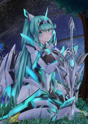 Rule 34 | 1girl, armor, blush, breasts, character name, commentary, earrings, elbow gloves, gem, gloves, green eyes, green hair, hair ornament, headpiece, highres, jewelry, large breasts, long hair, looking at viewer, neon trim, night, nintendo, pneuma (xenoblade), ponytail, sarasadou dan, smile, solo, spoilers, swept bangs, tiara, very long hair, xenoblade chronicles (series), xenoblade chronicles 2