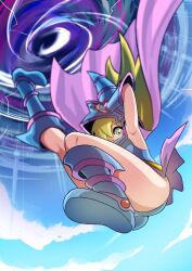 Rule 34 | 1girl, ass, blonde hair, blush stickers, cape, dark magician girl, duel monster, falling, green eyes, hat, highres, holding, holding clothes, holding hat, leg up, long hair, midair, pink cape, revealing clothes, sengenjin31, solo, witch hat, wormhole, yu-gi-oh!