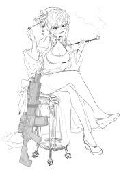 Rule 34 | 1girl, alma01, assault rifle, china dress, chinese clothes, crossed legs, dress, fang, gun, hair bun, hair ornament, hairpin, highres, long sleeves, looking at viewer, messy hair, monochrome, original, rifle, sig mcx, sig sauer, sitting, sketch, smile, smoke, smoking pipe, solo, weapon