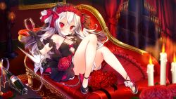 Rule 34 | 1girl, :q, alcohol, ankle lace-up, azur lane, bare shoulders, black dress, black footwear, black gloves, blush, bottle, bouquet, bow, breasts, candle, candlelight, candlestand, chain, closed mouth, clothes between thighs, commentary request, couch, criss-cross halter, cross-laced footwear, cup, dress, drinking glass, elbow gloves, flower, frilled pillow, frills, glint, gloves, hair between eyes, hair bow, hair flower, hair ornament, halterneck, head tilt, holding, holding cup, holding drinking glass, indoors, jewelry, koyama sao, lace, lace gloves, long hair, looking at viewer, low wings, pillow, red bow, red eyes, red ribbon, ribbon, ring, see-through, short dress, sidelocks, silver hair, small breasts, smile, solo, tongue, tongue out, v-shaped eyebrows, vampire (azur lane), vampire (eloi&#039;s blessing) (azur lane), veil, very long hair, wedding band, white wings, window, wine, wine bottle, wine glass, wings