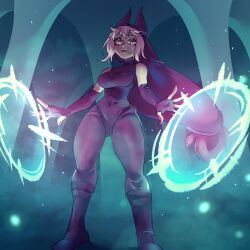 Rule 34 | ankama, artist request, ass, blue background, blue light, boots, breasts, cap, dofus, dress, eliatrope, formal, gloves, highres, huge ass, looking at viewer, medium breasts, navel, navel visible through clothes, nora (wakfu), open mouth, pink eyes, pink gloves, pink hair, standing, stomach, suit, thighs, tight clothes, wakfu