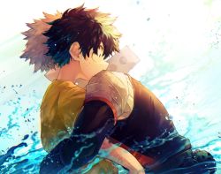 Rule 34 | 2boys, age difference, aged down, artist name, bakugou katsuki, bandaged arm, bandages, bare shoulders, belt, black sleeves, black tank top, blonde hair, bloom, blurry, blurry background, boku no hero academia, child, chromatic aberration, covered mouth, depth of field, detached sleeves, explosive, freckles, from side, green hair, grenade, head on another&#039;s shoulder, highres, hug, male focus, midoriya izuku, multiple boys, profile, ryo (piggerworld), shirt, short hair, short sleeves, sidelighting, simple background, sleeveless, spiked hair, splashing, spoilers, tank top, toned, toned male, upper body, water, water drop, white background, wide-eyed, yellow shirt