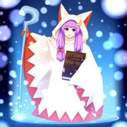 Rule 34 | 1girl, book, cosplay, crescent, final fantasy, hair ornament, hooded, long hair, patchouli knowledge, purple eyes, purple hair, romaji text, shirosato, solo, staff, touhou, white mage (final fantasy), white mage (final fantasy) (cosplay), wide sleeves
