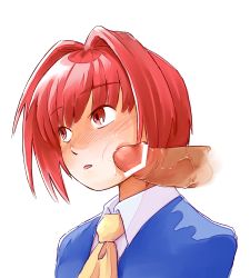 Rule 34 | 1girl, blush, censored, character request, cheek poking, hinokara (backfire02), necktie, penis, penis on face, poking, pon! to kimaira, red hair, short hair, simple background, solo focus, white background, yellow neckwear