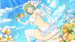 Rule 34 | 1girl, anklet, ass, beach, blue sky, bra, breast tattoo, breasts, bridal lingerie, bride, church, cloud, day, flower, gloves, green flower, green hair, green rose, hair flower, hair ornament, hikage (senran kagura), holding, holding weapon, horizon, jewelry, lace, lace-trimmed legwear, lace trim, large breasts, licking, licking blade, licking weapon, lingerie, looking at viewer, ocean, official alternate costume, official art, open mouth, orange flower, orange rose, outdoors, palm tree, panties, ribbon, rose, sand, senran kagura, senran kagura new link, senran kagura shoujo-tachi no shin&#039;ei, short hair, short sword, sitting, sky, slit pupils, solo, steeple, sword, tantou, tattoo, thighhighs, tongue, tongue out, tree, underboob, underwear, water, weapon, white bra, white flower, white gloves, white panties, white ribbon, white thighhighs, yaegashi nan, yellow eyes, yellow flower, yellow rose