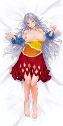 Rule 34 | 1girl, absurdres, armpit hair, bare legs, bare shoulders, barefoot, beckoning, blue sleeves, breasts, breasts apart, breasts out, collarbone, commentary request, dakimakura (medium), detached sleeves, dress, eyelashes, fang, from above, full body, grey hair, grin, hands up, head tilt, highres, inverted nipples, knees together feet apart, large breasts, long hair, looking at viewer, lying, mature female, medium dress, multicolored clothes, multicolored dress, no bra, nuppehofu (nibuta), on back, open hand, orange dress, outstretched hand, reaching, reaching towards viewer, red dress, red eyes, sakata nemuno, seductive smile, shiny skin, single-shoulder dress, single strap, smile, solo, spread fingers, sweat, toes, touhou, v-shaped eyebrows, very long hair, wavy hair, yellow dress