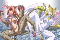 Rule 34 | 2girls, bastemon, bracelet, breasts, cat, cat girl, choker, claws, cleft of venus, digimon, digimon adventure 02, digimon xros wars, earrings, forehead jewel, furry, furry female, gauntlets, heigako, jewelry, large breasts, monster girl, multiple girls, multiple tails, nefertimon, pussy, pussy juice, ringlets, sideways, spread legs, tail, two tails, white cat