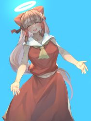 Rule 34 | 1girl, absurdres, ascot, blue background, blunt bangs, blush, breasts, brown hair, closed eyes, commentary request, cookie (touhou), feet out of frame, hair tubes, hakurei reimu, halo, highres, large breasts, long hair, long skirt, okasan01, open mouth, outstretched arms, red shirt, red skirt, shirt, simple background, skirt, sleeveless, sleeveless shirt, smile, solo, touhou, yamasaka aimi, yellow ascot