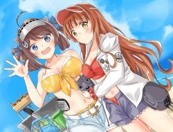 Rule 34 | 2girls, beach, belt, belt buckle, bikini, bikini under clothes, blue sky, blunt bangs, breasts, brown hair, buckle, chougei (kancolle), cleavage, cloud, commentary request, cowboy shot, creature, day, denim, denim shorts, dutch angle, green eyes, grey eyes, hair ornament, hair rings, hairclip, helena (kancolle), hood, hooded jacket, hoodie, jacket, kantai collection, large breasts, long hair, looking at viewer, machinery, makinoki, medium breasts, multiple girls, official alternate costume, open fly, orange bikini, outdoors, red bikini, shorts, sky, swimsuit, swimsuit under clothes, visor cap, white belt, white jacket