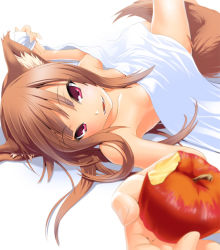 Rule 34 | 00s, 1girl, animal ears, apple, bed sheet, blurry, blush, brown hair, depth of field, fang, food, foreshortening, fruit, holo, looking at viewer, naked sheet, nilitsu, nude, purple eyes, red eyes, smile, solo, spice and wolf, tail, tsurime, wolf ears, wolf tail