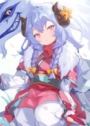 Rule 34 | 1girl, absurdres, ahoge, alternate eye color, alternate hair color, blue hair, blush, body fur, bow, braid, commentary request, fur (clothing), hair between eyes, hair bow, highres, horns, kindred (league of legends), lamb (league of legends), looking at viewer, mokyuko, official alternate costume, official alternate hairstyle, pink eyes, side braid, simple background, solo, spirit blossom kindred, twin braids, wolf (league of legends)
