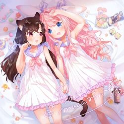 Rule 34 | 2girls, album cover, animal ears, armpits, blue eyes, blush, brown hair, cat ears, cat tail, cover, flower, hair ribbon, holding hands, long hair, lowres, multiple girls, official art, pink hair, ribbon, tail