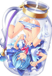 Rule 34 | 1girl, anus, blue eyes, blue hair, bottle, bow, cirno, cum, feet, hair bow, in bottle, in container, matching hair/eyes, mikan (bananoha), no shoes, panties, panty pull, short hair, socks, solo, striped clothes, striped panties, touhou, underwear, upside-down, wings, yousei daisensou