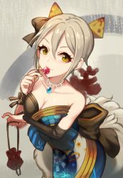 Rule 34 | 1girl, alternate eye color, asymmetrical clothes, bad id, bad pixiv id, bare shoulders, black bow, bow, breasts, candy, cheong ha, cleavage, commentary request, food, from above, green eyes, grey hair, hair between eyes, hair bow, hair ornament, holding, idolmaster, idolmaster cinderella girls, jewelry, lips, lollipop, looking at viewer, looking up, medium breasts, necklace, shiomi syuko, short hair, solo, standing