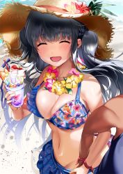 Rule 34 | 1girl, bikini, black hair, blush, breasts, cleavage, closed eyes, floral print, flower, flower necklace, hat, hibiscus, hibiscus print, holding hands, jewelry, large breasts, lei, long hair, necklace, open mouth, original, parfait, pov, smile, solo focus, straw hat, swimsuit, two side up, yanyo (ogino atsuki)