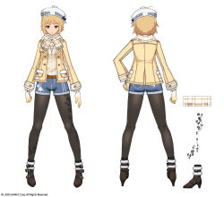 Rule 34 | 1girl, absurdres, ankle boots, belt boots, black pantyhose, blonde hair, blue shorts, boots, brown eyes, brown footwear, brown gloves, brown jacket, character sheet, cleavage cutout, clothing cutout, copyright notice, floral print, fringe trim, fur-trimmed boots, fur trim, gloves, grey headwear, haru estia, hat, high heel boots, high heels, highres, jacket, kyjsogom, long sleeves, looking at viewer, meme attire, multiple views, official art, open-chest sweater, open clothes, open jacket, pantyhose, pantyhose under shorts, plaid, plaid scarf, print legwear, ribbed sweater, rose print, scarf, short hair, short shorts, shorts, simple background, soulworker, standing, sweater, turnaround, watermark, white background, white sweater