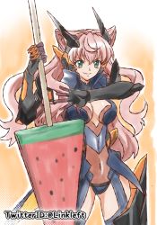 Rule 34 | 1girl, breasts, cleavage, closed mouth, commentary request, food, gloves, green eyes, link (aa30), long hair, looking at viewer, maria cadenzavna eve, pink hair, popsicle, senki zesshou symphogear, smile, solo, watermelon bar