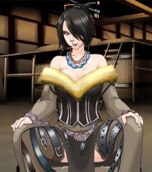 Rule 34 | 00s, 1girl, bare shoulders, belt, black hair, dress, eyeshadow, final fantasy, final fantasy x, fur, hair ornament, hair over one eye, jewelry, lipstick, lulu (ff10), makeup, mokusa, mole, mole under mouth, multiple belts, necklace, red eyes, sitting, smile, solo, spread legs, square enix, strapless, strapless dress, thighhighs