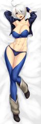 Rule 34 | 1girl, abs, ahoge, angel (kof), bed sheet, black panties, blue eyes, boots, bra, breasts, bustier, chaps, cleavage, collarbone, covered erect nipples, cropped jacket, dakimakura (medium), fingerless gloves, full body, gloves, hair over one eye, highres, jacket, large breasts, leg warmers, lying, md5 mismatch, navel, on back, open clothes, open jacket, panties, resolution mismatch, shiny skin, short hair, skindentation, smile, snk, solo, source smaller, st.germain-sal, strapless, strapless bra, the king of fighters, thigh gap, toned, underwear, white hair, wide hips