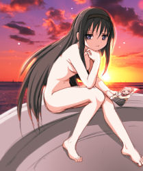 Rule 34 | 10s, 1girl, :t, akemi homura, barefoot, black hair, breasts, face, feet, hairband, hand on another&#039;s chin, hand on own chin, harukigenia, head rest, kaname madoka, long hair, mahou shoujo madoka magica, mahou shoujo madoka magica (anime), nude, photo (object), pink eyes, pink hair, purple eyes, short hair, short twintails, sitting, sketch, small breasts, solo, sunset, toes, twintails, very long hair