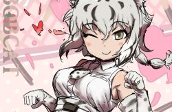 Rule 34 | 1girl, ;), animal ears, animal print, black hair, blush stickers, bobcat (kemono friends), breasts, character name, closed mouth, elbow gloves, gloves, grey hair, hair between eyes, hands up, heart, ito yoki, kemono friends, looking at viewer, low ponytail, lynx ears, medium breasts, multicolored hair, necktie, one eye closed, paw pose, print gloves, print necktie, shirt, sketch, sleeveless, sleeveless shirt, smile, solo, taut clothes, taut shirt, two-tone hair, upper body, white shirt, yellow eyes