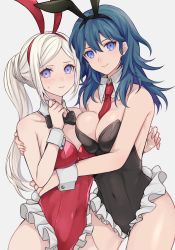 Rule 34 | 2girls, animal ears, asymmetrical docking, banned artist, bare arms, bare shoulders, black bow, black bowtie, black hairband, black leotard, blue eyes, blue hair, blush, bow, bowtie, breast press, breasts, byleth (female) (fire emblem), byleth (fire emblem), cleavage, commentary request, covered navel, cowboy shot, detached collar, edelgard von hresvelg, fake animal ears, fire emblem, fire emblem: three houses, frills, grey background, hair between eyes, hairband, highres, large breasts, leotard, long hair, looking at viewer, medium breasts, multiple girls, nintendo, playboy bunny, purple eyes, rabbit ears, red hairband, red leotard, shimizu akina, silver hair, simple background, standing, strapless, strapless leotard, thighs