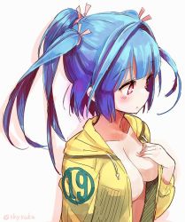 Rule 34 | 10s, 1girl, blue hair, commentary, hood, hoodie, i-19 (kancolle), kantai collection, looking to the side, naked hoodie, no bra, simple background, solo, star-shaped pupils, star (symbol), suka, symbol-shaped pupils, tri tails, twitter username