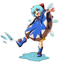 Rule 34 | &gt;:d, 1girl, :d, adapted costume, baba (baba seimaijo), blue eyes, blue footwear, blue hair, boots, bow, cirno, full body, hair bow, highres, ice, ice wings, looking down, neck ribbon, open mouth, outstretched arms, outstretched hand, playing, poncho, puddle, red bow, red ribbon, ribbon, rubber boots, short hair, smile, solo, spread arms, touhou, transparent background, v-shaped eyebrows, wings