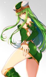 Rule 34 | 1girl, ass, bare shoulders, boots, breasts, c.c., code geass, cosplay, covered erect nipples, creayus, detached sleeves, freya (valkyrie profile), freya (valkyrie profile) (cosplay), green footwear, green hair, hat, knee boots, long hair, looking at viewer, small breasts, smile, valkyrie profile (series), yellow eyes