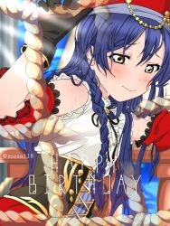 Rule 34 | 1girl, artist name, artist request, asa (asaaa819), black gloves, blue hair, blush, braid, commentary request, female focus, gloves, hair between eyes, hat, long hair, looking at viewer, love live!, love live! school idol festival, love live! school idol project, pirate costume, solo, sonoda umi, upper body, wet, yellow eyes