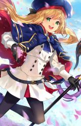 1girl artoria_caster_(fate) artoria_caster_(second_ascension)_(fate) artoria_pendragon_(fate) black_gloves blonde_hair bow buttons capelet commentary_request double-breasted dutch_angle fate/grand_order fate_(series) gloves green_eyes hat highres leggings long_hair n-bata open_mouth pantyhose sky smile solo