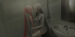 Rule 34 | 2girls, bare arms, bare shoulders, bath, bathroom, bathtub, blush, breasts, brown eyes, chihuri, cleavage, closed mouth, collared shirt, commentary request, curtains, dress, dress shirt, ear piercing, earrings, eye contact, faucet, grey eyes, grey hair, hair between eyes, highres, jewelry, long hair, looking at another, medium breasts, mirror, multiple girls, original, parted lips, piercing, pink hair, ponytail, shirt, short sleeves, sink, sleeveless, sleeveless dress, stud earrings, sweat, tile wall, tiles, transparent, very long hair, white dress, white shirt, yana (chihuri), yuri, zoya petrovna vecheslova