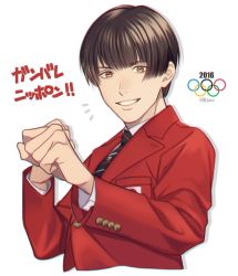 Rule 34 | 10s, 1boy, 2016, 2016 summer olympics, artist name, axis powers hetalia, bad id, bad twitter id, black hair, blunt bangs, brown eyes, clenched hands, formal, hr jam, jacket, japan (hetalia), looking at viewer, male focus, olympic rings, olympics, parted lips, simple background, smile, solo, suit, suit jacket, upper body, white background