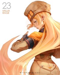 Rule 34 | 1girl, armband, blue eyes, coat, fingerless gloves, from behind, fur hat, gloves, guilty gear, guilty gear strive, hat, highres, long hair, looking to the side, millia rage, prehensile hair, ramandraws, ushanka, very long hair, white background
